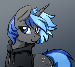 Size: 2652x2361 | Tagged: safe, artist:jetwave, imported from derpibooru, oc, oc only, oc:orion, pony, unicorn, clothes, commission, gradient background, hoodie, horn, male, solo, unicorn oc