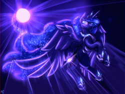 Size: 2048x1536 | Tagged: safe, artist:mystyswirl, imported from derpibooru, princess luna, alicorn, pony, blue mane, blue tail, crown, digital art, ethereal mane, feather, female, flowing mane, flowing tail, flying, gem, glowing, high res, hoof shoes, horn, jewelry, looking at you, mare, moon, moonlight, night, peytral, redraw, regalia, signature, sky, solo, sparkles, spread wings, starry mane, starry tail, tail, wings