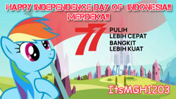 Size: 3413x1920 | Tagged: safe, edit, edited edit, edited screencap, editor:itsmgh1203, imported from derpibooru, screencap, rainbow dash, pegasus, pony, season 3, the crystal empire, crystal empire, derp, female, flag, hoof on chest, independence day, indonesia, indonesian independence day, mare, smiling, solo