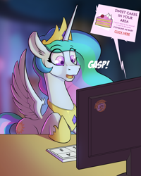 Size: 2000x2500 | Tagged: safe, artist:cocaine, imported from derpibooru, princess celestia, alicorn, pony, cake, cakelestia, computer, eye clipping through hair, eyebrows, eyebrows visible through hair, female, food, gasp, high res, implied virus, internet, jewelry, mare, open mouth, regalia, scam, solo, spread wings, stare, that pony sure does love cakes, wings