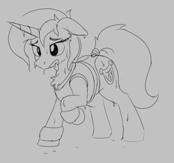 Size: 741x693 | Tagged: safe, lyra heartstrings, pony, unicorn, aggie.io, chest fluff, clothes, exercise, exhausted, female, leg warmers, mare, monochrome, open mouth, raised hoof, shirt, simple background, sweat, tail wrap, tongue out