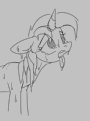 Size: 448x602 | Tagged: safe, lyra heartstrings, pony, unicorn, aggie.io, exhausted, female, mare, monochrome, open mouth, simple background, sweat, tongue out