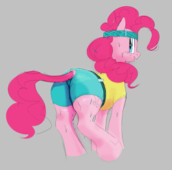 Size: 891x880 | Tagged: safe, artist:hattsy-nsfw, pinkie pie, earth pony, pony, aggie.io, butt, clothes, exercise, headband, looking back, open mouth, plot, shirt, shorts, simple background, smiling, sweat