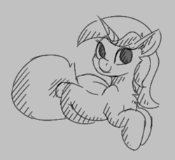 Size: 349x320 | Tagged: safe, lyra heartstrings, pony, unicorn, aggie.io, chest fluff, female, lying down, mare, monochrome, simple background, smiling