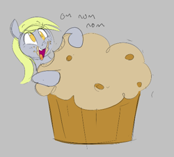 Size: 480x434 | Tagged: safe, derpy hooves, pony, aggie.io, eating, female, food, mare, muffin, open mouth, simple background, smiling