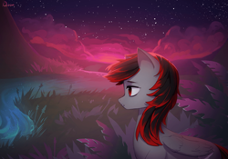 Size: 960x672 | Tagged: safe, artist:quon, imported from twibooru, oc, oc only, pegasus, pony, female, image, mare, night, png, river, signature, solo