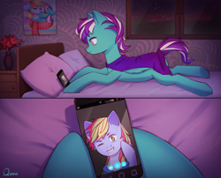 Size: 960x777 | Tagged: safe, artist:quon, imported from twibooru, oc, oc only, pegasus, pony, bed, blushing, cape, clothes, female, image, looking at each other, mare, phone, png, prone, shipping, signature