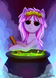 Size: 960x1326 | Tagged: safe, artist:quon, imported from twibooru, oc, oc only, pony, cauldron, female, hoof hold, image, mare, png, solo, starry eyes, wingding eyes, witch