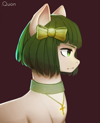 Size: 960x1184 | Tagged: safe, artist:quon, imported from twibooru, oc, oc only, pony, bow, brown background, choker, cross, cross necklace, female, green mane, hair bow, image, mare, png, signature, simple background, solo