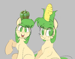 Size: 424x337 | Tagged: safe, artist:hattsy, oc, oc only, earth pony, food pony, original species, pony, aggie.io, bell pepper, corn, female, food, green is my pepper, hat, mare, open mouth, ponified, raised hoof, simple background, sitting, smiling