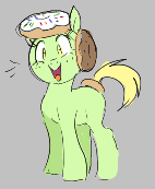 Size: 142x173 | Tagged: safe, artist:hattsy, oc, oc only, earth pony, food pony, original species, pony, aggie.io, donut, female, food, lowres, mare, open mouth, ponified, simple background, smiling