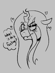 Size: 192x256 | Tagged: safe, queen chrysalis, changeling, aggie.io, blushing, fangs, female, heart, lowres, mare, monochrome, simple background, smiling, thought bubble