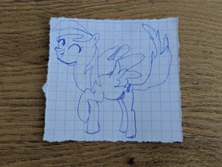 Size: 4032x3024 | Tagged: safe, artist:anonymous, sunshower raindrops, pegasus, pony, eyes closed, female, graph paper, mare, monochrome, raised hoof, simple background, smiling, spread wings, traditional art, wings