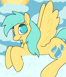 Size: 1013x1177 | Tagged: safe, artist:anonymous, sunshower raindrops, pegasus, pony, cloud, female, lying down, mare, sky, smiling, spread wings, wings