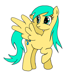 Size: 2728x3000 | Tagged: safe, artist:anonymous, sunshower raindrops, pegasus, pony, female, looking back, mare, raised hoof, simple background, smiling, spread wings, transparent background, wings