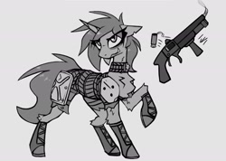 Size: 1895x1348 | Tagged: safe, artist:fenixdust, oc, oc only, pony, unicorn, armor, chest fluff, clothes, collar, female, gun, magic, mare, monochrome, raised hoof, shoes, simple background, weapon