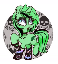 Size: 1776x1968 | Tagged: safe, artist:lou, oc, oc only, pony, unicorn, clothes, female, jewelry, mare, necklace, open mouth, raised hoof, socks