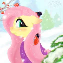 Size: 1000x1000 | Tagged: safe, artist:spoosha, fluttershy, pony, blushing, clothes, female, looking back, mare, smiling, snow, winter