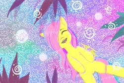 Size: 1500x1000 | Tagged: safe, artist:spoosha, fluttershy, pegasus, pony, abstract background, eyes closed, female, lying down, mare, on back, open mouth, smiling