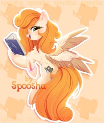 Size: 1833x2160 | Tagged: safe, artist:spoosha, oc, oc only, pegasus, pony, book, female, mare, open mouth, simple background, smiling, spread wings, wings