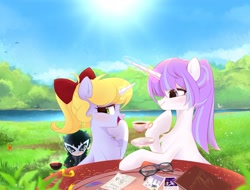 Size: 2048x1553 | Tagged: safe, artist:spoosha, oc, oc only, pony, unicorn, bow, female, glasses, lake, looking away, magic, mare, open mouth, smiling, table, tea party