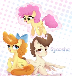 Size: 2033x2160 | Tagged: safe, artist:spoosha, li'l cheese, pound cake, pumpkin cake, earth pony, pegasus, pony, the last problem, bow, chest fluff, female, looking up, lying down, magic, male, mare, open mouth, raised hoof, simple background, sitting, smiling, spread wings, stallion, wings