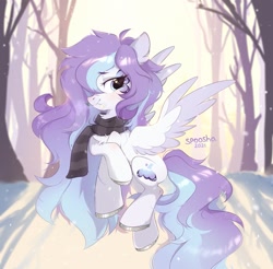 Size: 1567x1540 | Tagged: safe, artist:spoosha, oc, oc only, pegasus, pony, clothes, female, flower, flying, forest, mare, mouth hold, scarf, smiling, snow, spread wings, wings, winter