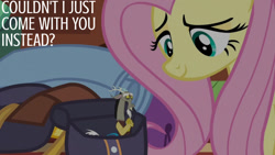 Size: 1280x720 | Tagged: safe, edit, edited screencap, editor:quoterific, imported from derpibooru, screencap, discord, fluttershy, pegasus, pony, dungeons and discords, bag, duo, female, male, mare, saddle bag