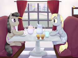 Size: 4000x3000 | Tagged: safe, artist:fdv.alekso, artist:squishment, derpy hooves, octavia melody, earth pony, pegasus, pony, canterlot, collaboration, female, food, mare, tea