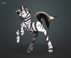 Size: 1600x1300 | Tagged: safe, artist:icy_passio, imported from derpibooru, oc, oc only, oc:lost way, zebra, artwork, cutie mark on non-pony, male, pink eyes, pose, raised hoof, raised tail, simple background, smiling, smirk, smug, solo, stallion, stripes, tail, zebra oc