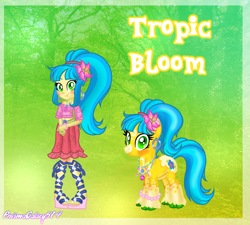 Size: 2008x1808 | Tagged: safe, artist:prismagalaxy514, artist:selenaede, imported from derpibooru, oc, oc only, oc:tropic bloom, earth pony, human, pony, equestria girls, clothes, ear piercing, earring, flower, flower in hair, jewelry, latin, latin american, latina, nature, necklace, piercing, ponytail, redesign, reference sheet, sandals