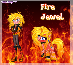 Size: 2120x1896 | Tagged: safe, artist:prismagalaxy514, artist:selenaede, imported from derpibooru, oc, oc only, anthro, pony, unicorn, boots, bracelet, choker, clothes, fingerless gloves, fire, gloves, high heel boots, jacket, jewelry, leather, leather jacket, piercing, reference sheet, shoes, shorts, smiling, smirk, spiked choker
