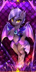 Size: 1329x2658 | Tagged: safe, artist:darksly, imported from derpibooru, oc, oc only, oc:midnight blossom, bat pony, pony, armor, bat pony oc, bedroom eyes, body pillow, body pillow design, eyeshadow, female, hoof shoes, looking at you, makeup, mare, solo