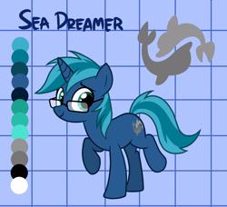 Size: 2475x2256 | Tagged: safe, artist:tomi_ouo, imported from derpibooru, oc, oc only, oc:sea dreamer, dolphin, pony, unicorn, cutie mark, male, reference sheet, solo