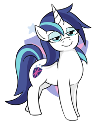 Size: 418x544 | Tagged: safe, artist:jargon scott, imported from derpibooru, shining armor, pony, unicorn, bedroom eyes, cutie mark background, female, gleaming shield, looking at you, mare, rule 63, simple background, smiling, smiling at you, solo, white background