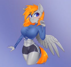 Size: 2048x1924 | Tagged: safe, artist:tomi_ouo, imported from derpibooru, oc, oc only, oc:rocksy amber, anthro, pegasus, abs, belly button, big breasts, breasts, female, midriff, muscles, muscular female, solo