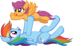 Size: 9053x5695 | Tagged: safe, artist:cyanlightning, imported from derpibooru, rainbow dash, scootaloo, pegasus, pony, .svg available, absurd resolution, blank flank, duo, duo female, ear fluff, female, filly, foal, lying down, mare, on back, open mouth, scootalove, simple background, smiling, spread wings, transparent background, upsies, vector, wings