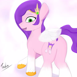 Size: 4000x4000 | Tagged: safe, artist:porcellusketch, imported from derpibooru, pipp petals, pegasus, pony, absurd resolution, butt, eyebrows, female, g5, looking at you, looking back, looking back at you, mare, my little pony: a new generation, open mouth, open smile, pipp butt, plot, rear view, signature, simple background, smiling, smiling at you, solo