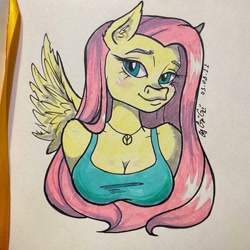 Size: 1280x1280 | Tagged: safe, artist:gigisarts, imported from derpibooru, fluttershy, anthro, breasts, bust, busty fluttershy, cleavage, female, portrait, solo, traditional art, waifu, white hair
