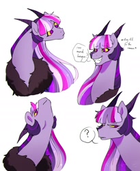 Size: 1635x1997 | Tagged: safe, artist:riukime, imported from derpibooru, oc, oc only, oc:jinx, draconequus, hybrid, bust, doodle, grin, interspecies offspring, looking up, mood swing, offspring, older, parent:discord, parent:twilight sparkle, parents:discolight, question mark, simple background, smiling, white background