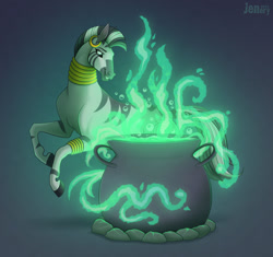 Size: 1280x1202 | Tagged: safe, artist:jenery, imported from derpibooru, zecora, pony, zebra, 2022, bracelet, cauldron, ear piercing, earring, female, glowing, hoers, jewelry, mare, neck rings, piercing