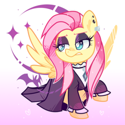 Size: 1000x1000 | Tagged: safe, artist:yokokinawa, imported from derpibooru, fluttershy, pegasus, pony, chibi, clothes, dress, ear piercing, fluttergoth, goth, gradient background, heart, heart eyes, piercing, white pupils, wingding eyes