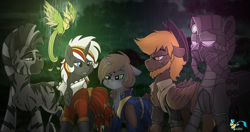 Size: 4205x2223 | Tagged: safe, artist:brainiac, imported from derpibooru, oc, oc:calamity, oc:littlepip, oc:pyrelight, oc:steelhooves, oc:velvet remedy, oc:xenith, balefire phoenix, bird, earth pony, pegasus, phoenix, pony, unicorn, zebra, fallout equestria, applejack's rangers, armor, clothes, cowboy hat, dashite, fanfic, fanfic art, female, group, gun, hat, hooves, horn, jumpsuit, male, mare, pipbuck, power armor, rain, scar, stallion, steel ranger, vault suit, weapon, wings