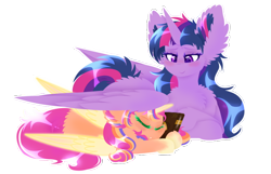 Size: 764x492 | Tagged: safe, artist:vanillaswirl6, imported from derpibooru, sunny starscout, twilight sparkle, alicorn, pony, blushing, book, cheek fluff, chest fluff, duo, ear fluff, female, fluffy, g5, hug, mare, my little pony: a new generation, race swap, simple background, sleeping, sunny and her heroine, sunnycorn, transparent background, twilight sparkle (alicorn), wing blanket, winghug, wings