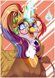 Size: 2760x3920 | Tagged: safe, artist:honeybbear, imported from derpibooru, oc, hippogriff, abstract background, chest fluff, female, glasses, glowing, glowing horn, horn, magic, multicolored hair, rainbow hair, solo, telekinesis