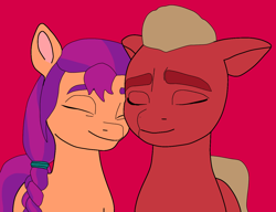 Size: 1300x1000 | Tagged: safe, artist:sproutscoutotp, imported from derpibooru, sprout cloverleaf, sunny starscout, earth pony, pony, blonde hair, braid, couple, eyes closed, female, g5, male, mare, my little pony: a new generation, orange coat, purple hair, red coat, shipping, simple background, stallion, straight, sunnysprout