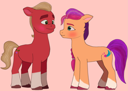 Size: 1687x1197 | Tagged: safe, artist:sproutscoutotp, imported from derpibooru, sprout cloverleaf, sunny starscout, earth pony, pony, blonde hair, blushing, coat markings, couple, female, g5, looking at each other, looking at someone, male, mare, my little pony: a new generation, orange coat, purple hair, red coat, shipping, simple background, socks (coat markings), stallion, straight, sunnysprout
