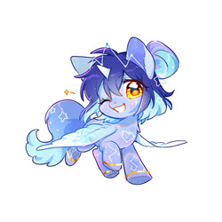 Size: 500x500 | Tagged: safe, artist:dreamsugar, imported from derpibooru, oc, oc only, oc:asteria, alicorn, pony, alicorn oc, commission, constellation freckles, eye clipping through hair, female, flying, freckles, full body, grin, horn, looking at you, one eye closed, open mouth, open smile, simple background, smiling, smiling at you, solo, spread wings, white background, wings, wink, winking at you