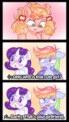 Size: 2160x3840 | Tagged: safe, artist:reyam, imported from derpibooru, applejack, rainbow dash, rarity, earth pony, pegasus, pony, unicorn, :o, alternate hairstyle, blushing, bust, comic, female, freckles, hatless, horn, lesbian, mare, missing accessory, open mouth, pigtails, portrait, rarijack, shipping, trio, trio female, wings