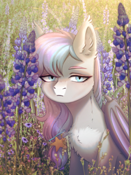 Size: 1200x1600 | Tagged: source needed, safe, artist:glumarkoj, imported from derpibooru, oc, oc only, oc:dreamyway skies, bat pony, dragonfly, insect, pony, chest fluff, coat markings, colored eyebrows, commission, ear fluff, ear tufts, facial markings, female, flower, folded wings, looking at you, lupin, mare, meadow, morning, pale belly, slit pupils, snip (coat marking), solo, wings, ych result